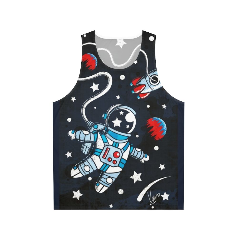 Space-themed unisex tank top with rocket ship and cosmic imagery