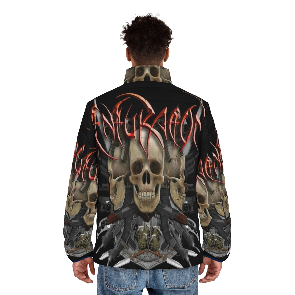 Death metal puffer jacket with band art and skull design - men back