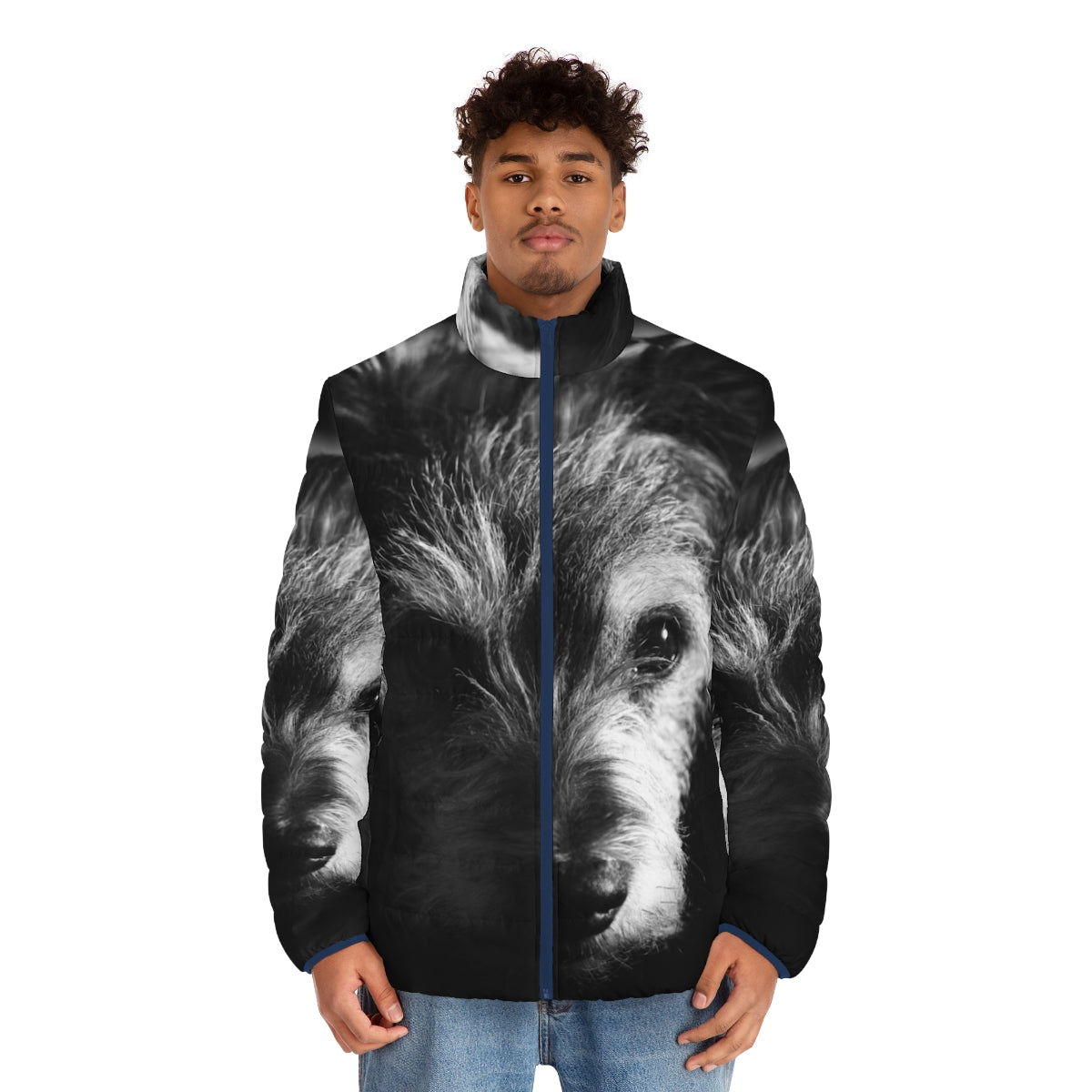 Black and white terrier dog wearing a stylish puffer jacket - men front