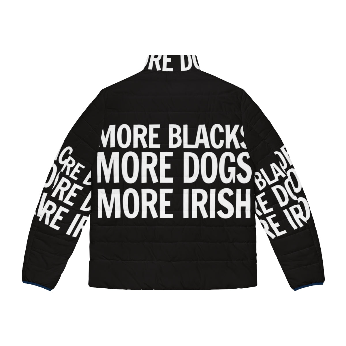 Person wearing black puffer jacket with dog and Irish flag - Back