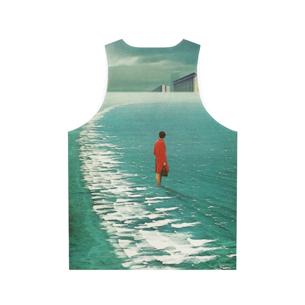 Unisex tank top with dystopian landscape and retro futuristic urban decay - Back