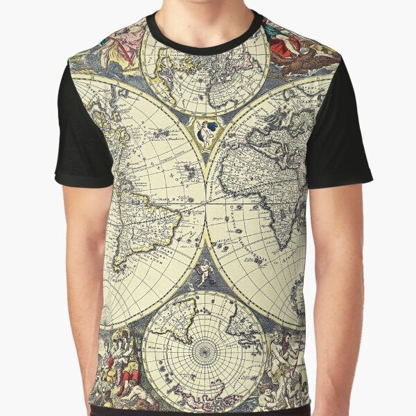 Vintage antique world map graphic t-shirt design featuring a rare manuscript-style illustration