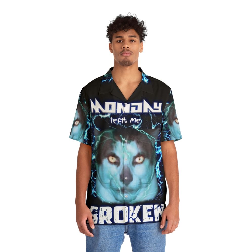 Cursed Monday Cat Hawaiian Shirt with Meme, Kitsch, and Hood Irony - People Front