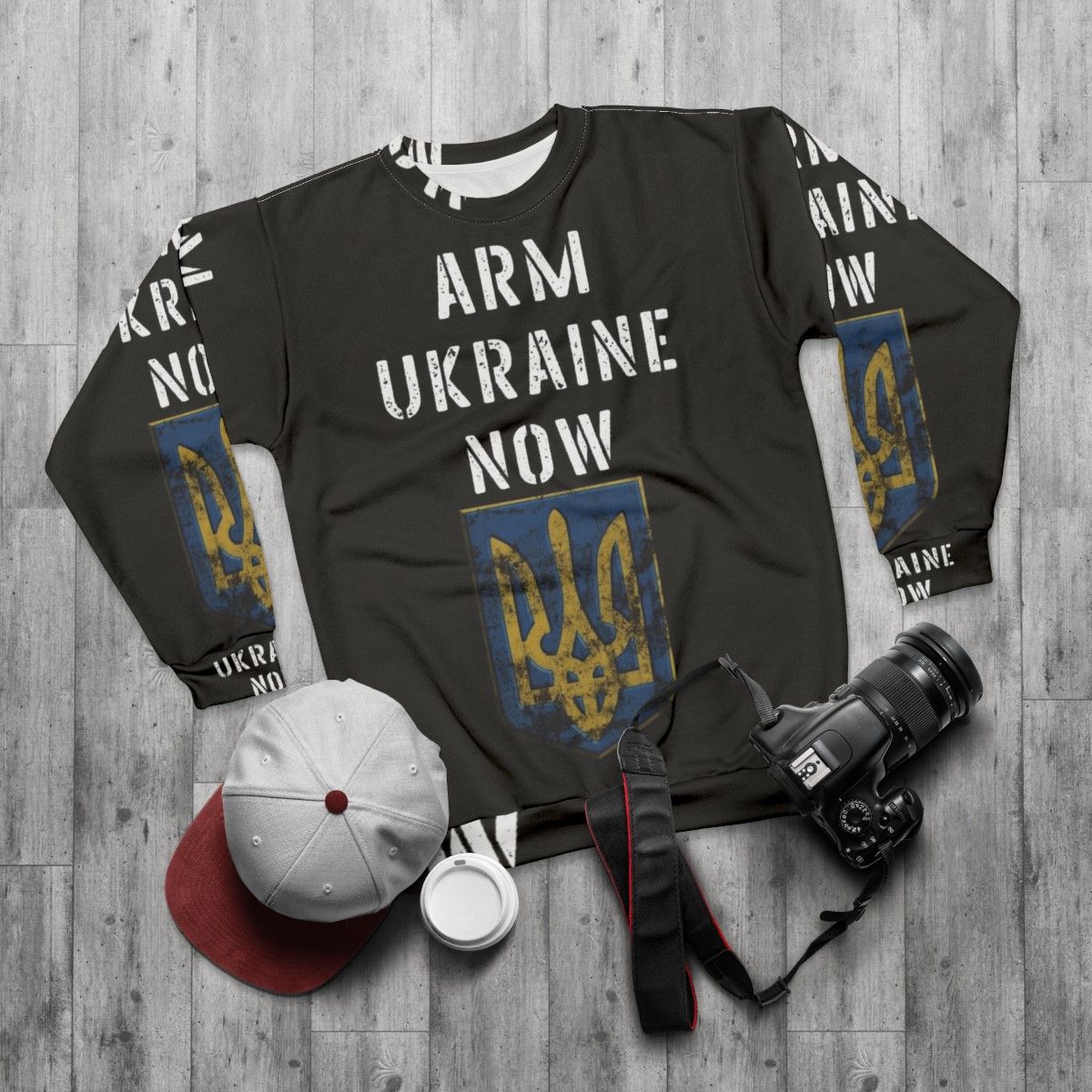 Arm Ukraine Now Sweatshirt - Support Ukraine in the Fight Against Russian Invasion - flat lay