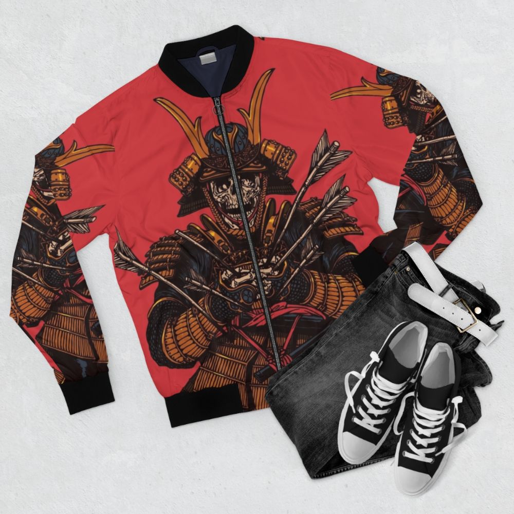 Red bomber jacket with samurai, warrior, and Japanese design elements - Flat lay