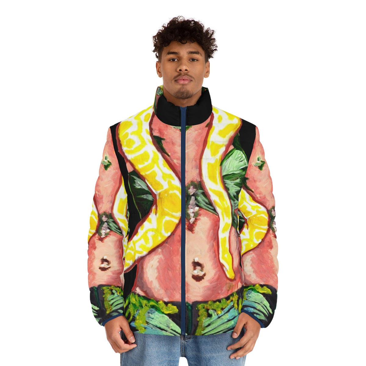 Retro 90s style snake puffer jacket in vibrant pop art design - men front