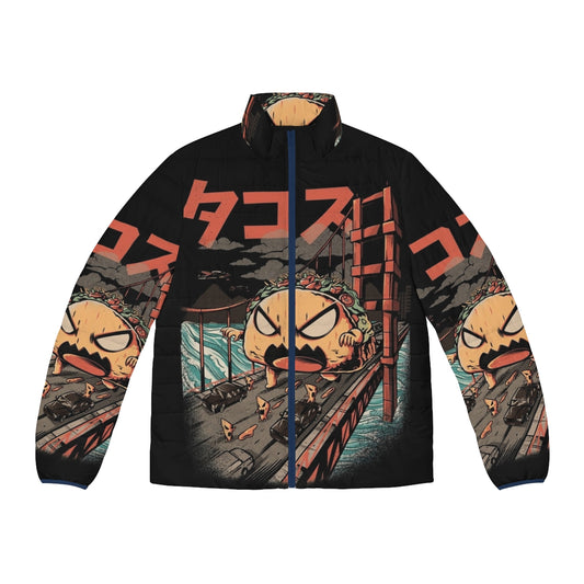 Black Takaiju puffer jacket with Japanese monster design