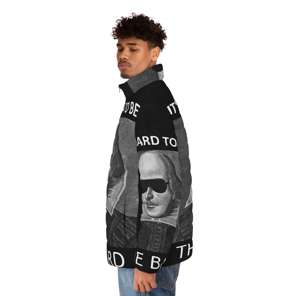 A puffer jacket featuring the quote "It's Hard to Be the Bard" from the Broadway musical "Something Rotten" - men side left