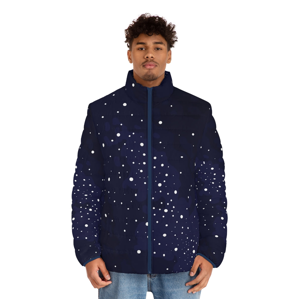 Starry night sky puffer jacket with milky way galaxy and stars - men front