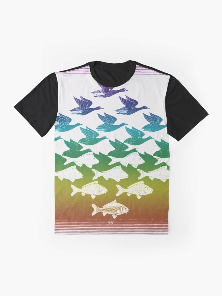 Escher-inspired optical illusion graphic t-shirt featuring colorful nature and animal elements - Flat lay