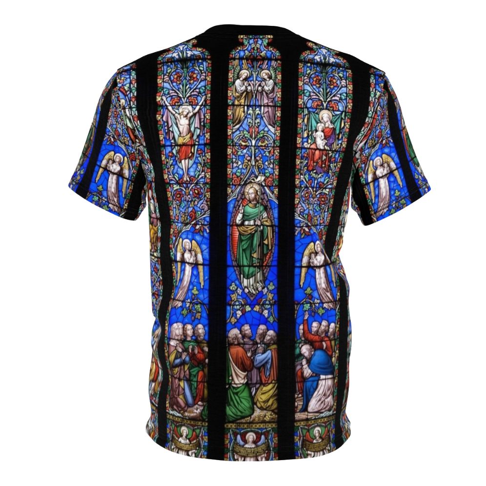 A high-quality t-shirt featuring a stunning design of a stained glass church window, perfect for those seeking faith-based fashion. - Back