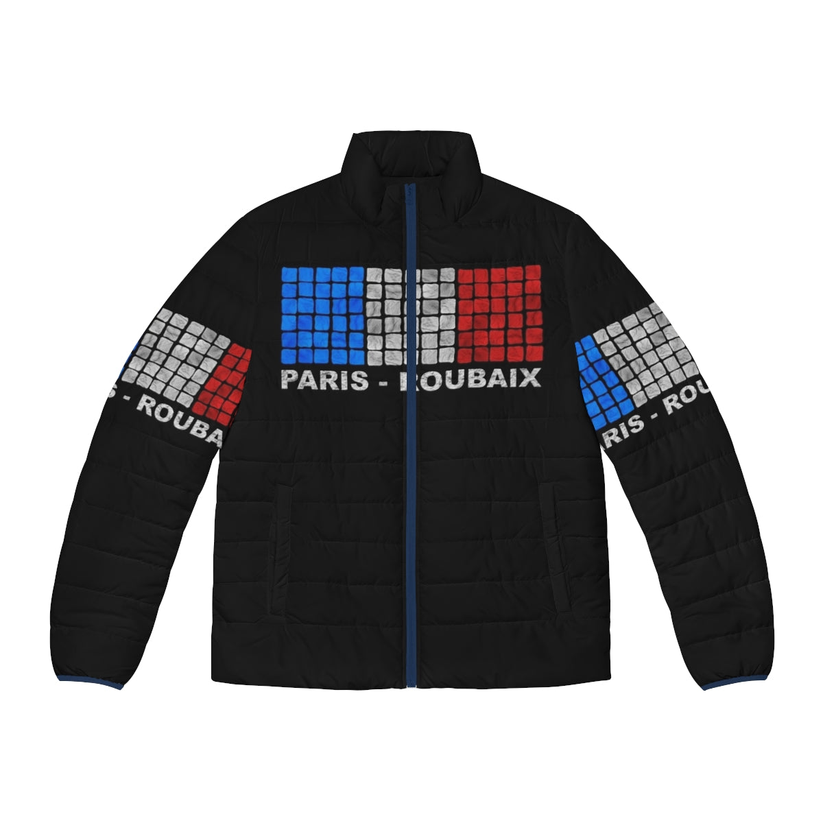 Paris Roubaix Puffer Jacket featuring a cyclist riding through the rugged terrain of northern France