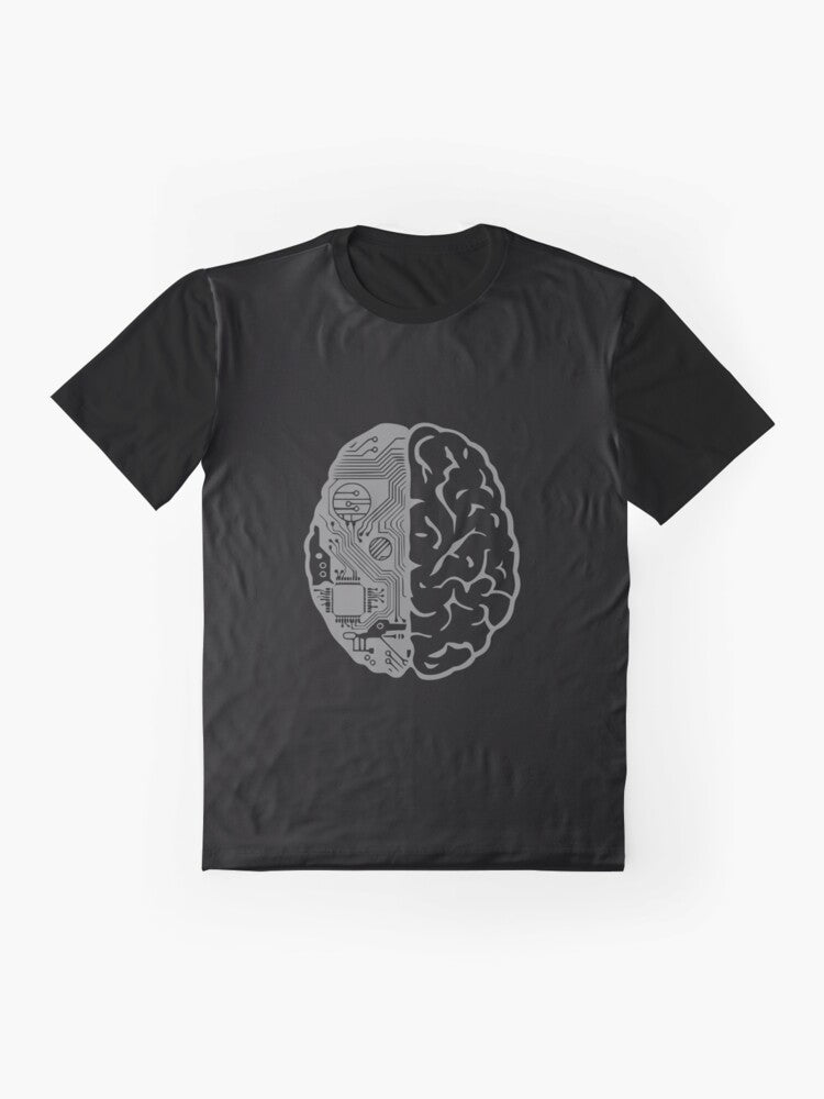 Graphic t-shirt design featuring a brain filled with binary code and the text "Coding Brain" - Flat lay