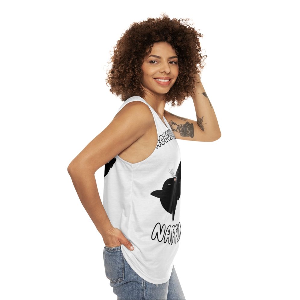 Unisex tank top with a black cat napping graphic - women side