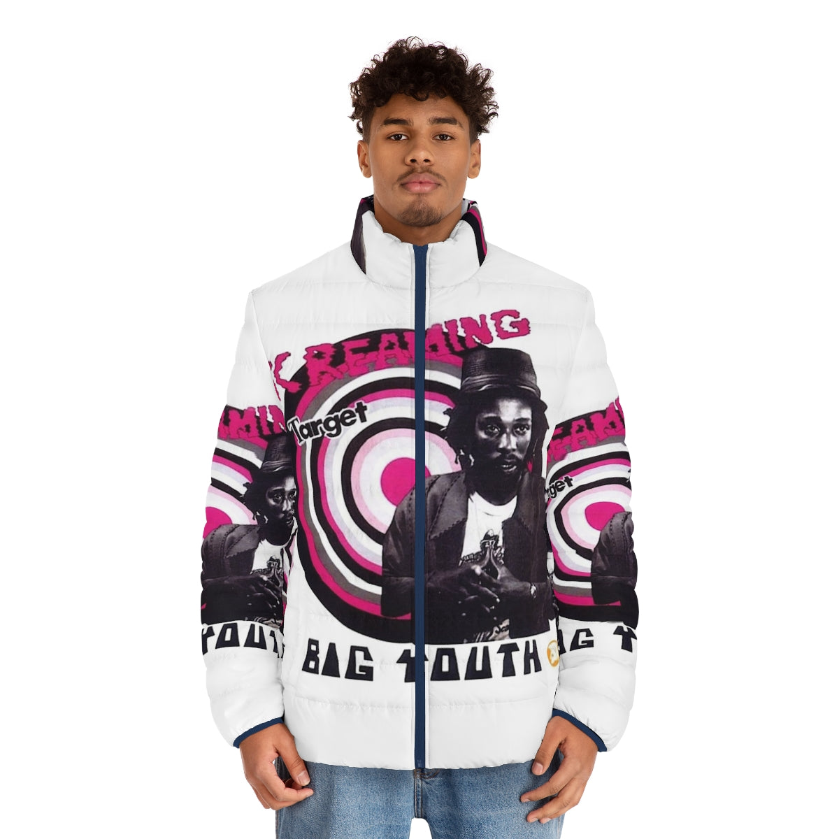 Youth wearing a 70s-style puffer jacket with a reggae-inspired screaming target design - men front