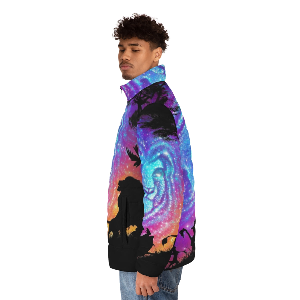 Model wearing a puffer jacket with a Lion King inspired design featuring Mufasa, Simba, Timon, and Pumba - men side left