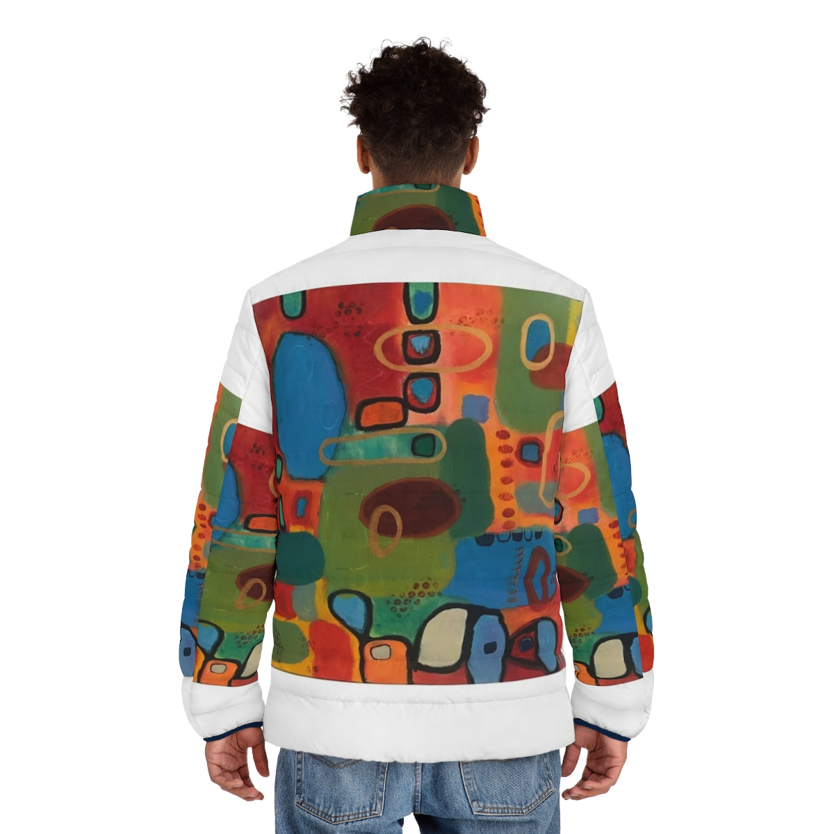 Primitive puffer jacket featuring a colorful abstract design with geometric shapes - men back