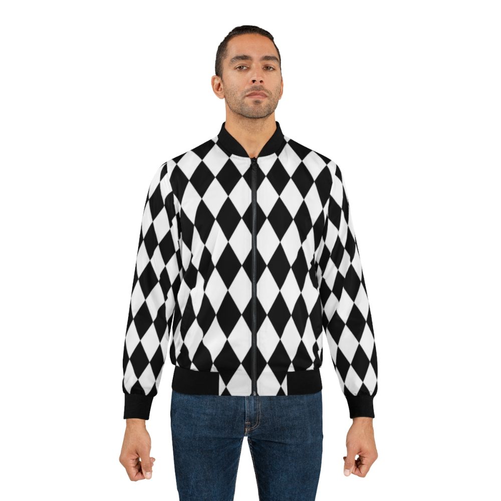 Harlequin diamond pattern bomber jacket in black and white - Lifestyle