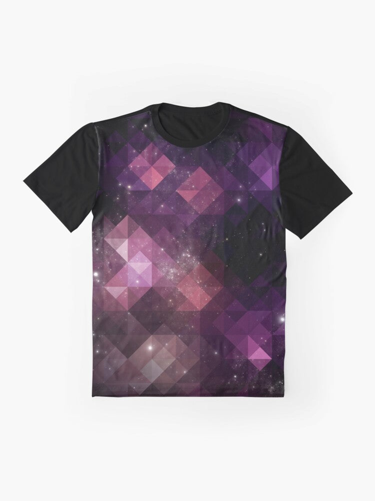 A vibrant graphic t-shirt featuring a space-inspired design with triangles, stars, and cosmic patterns in shades of pink, black, and purple. - Flat lay