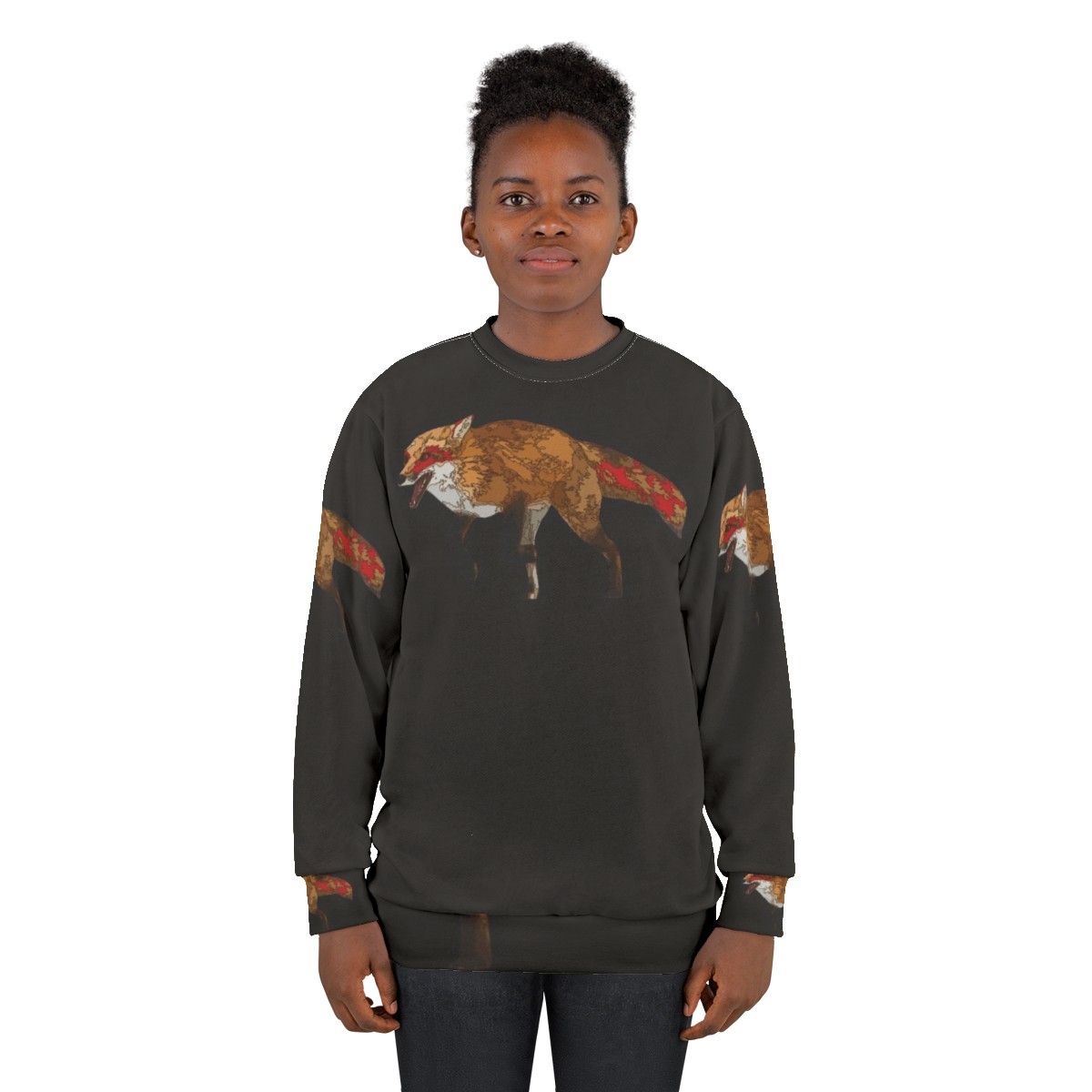 Kitsune spirit fox sweatshirt featuring a laughing red fox - women