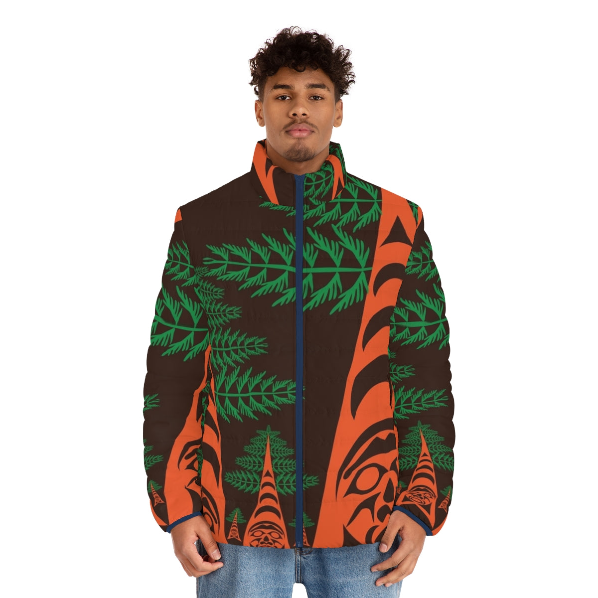 Cedar Forest Native Art Puffer Jacket with Indigenous Tribal Designs - men front