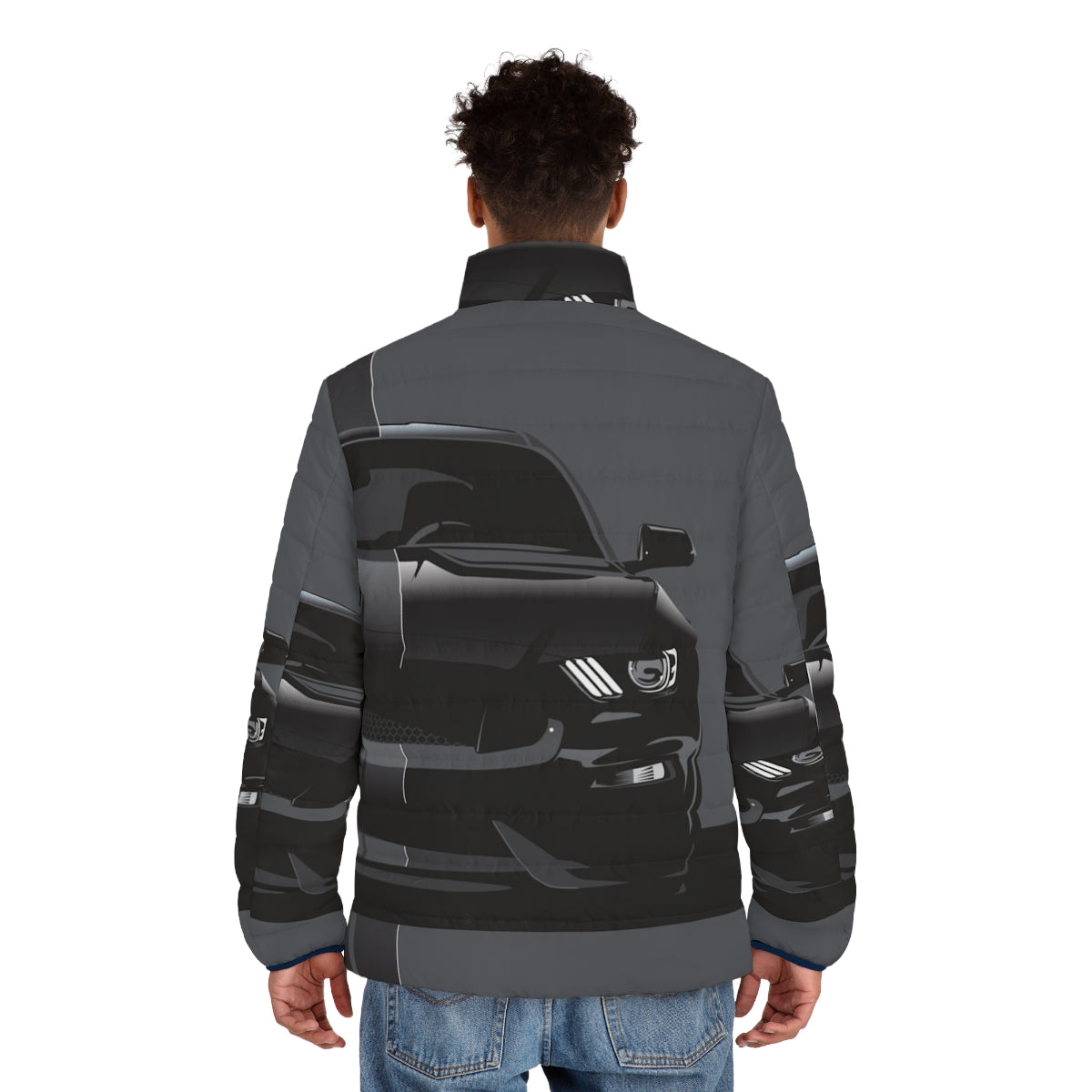 Black puffer jacket with Ford and Mustang inspired design - men back