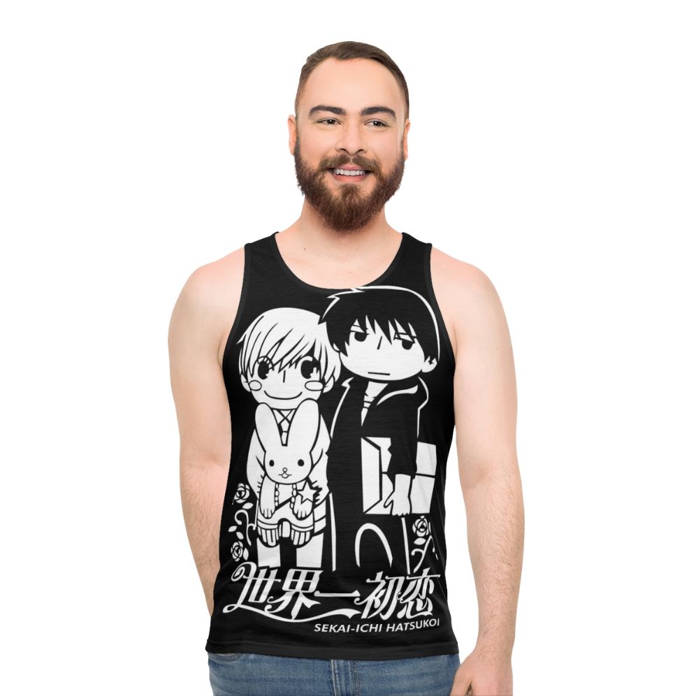 Unisex anime tank top featuring characters from the BL manga Sekai Ichi Hatsukoi - men