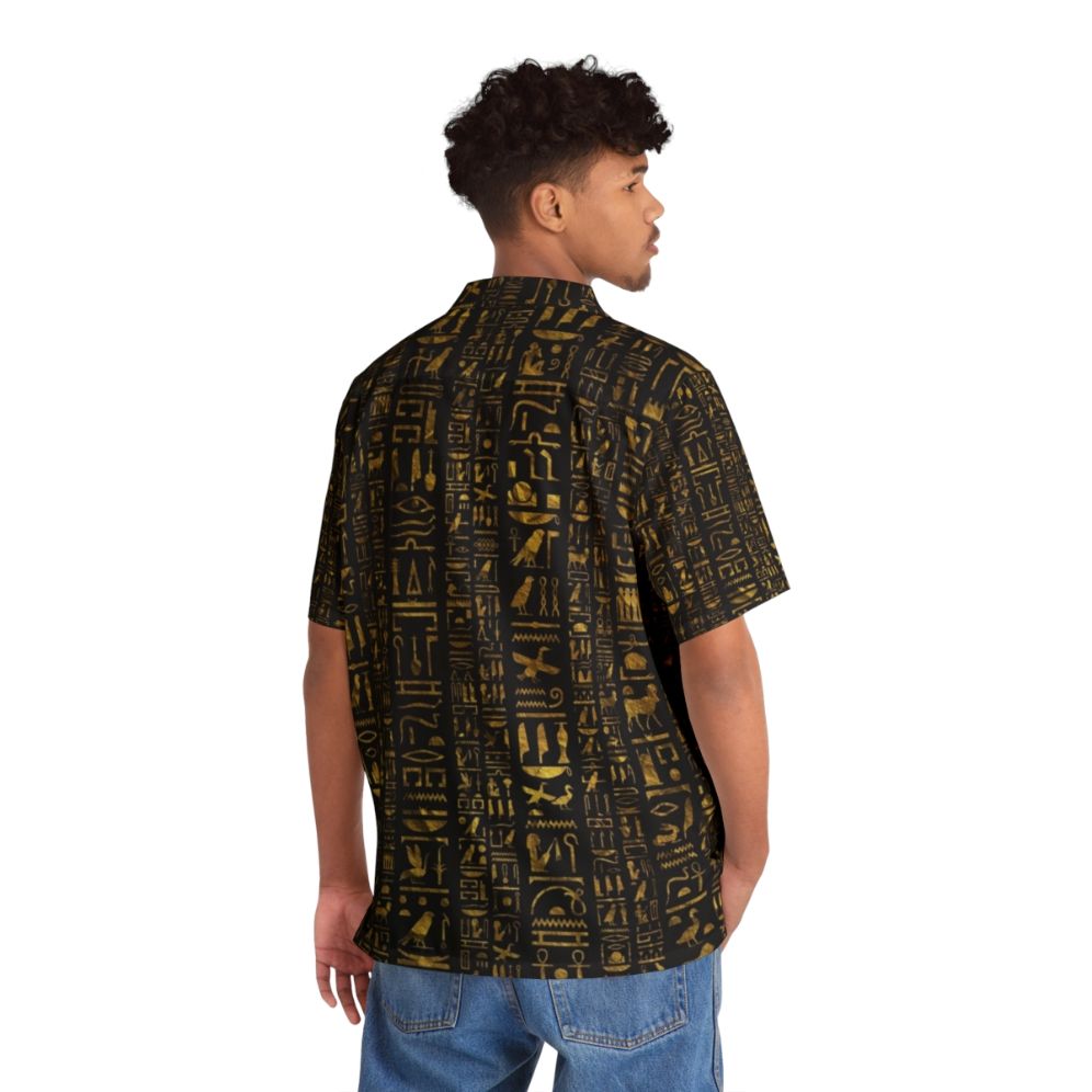 Vintage Egyptian Hieroglyphs Gold on Black Hawaiian Shirt - People Back