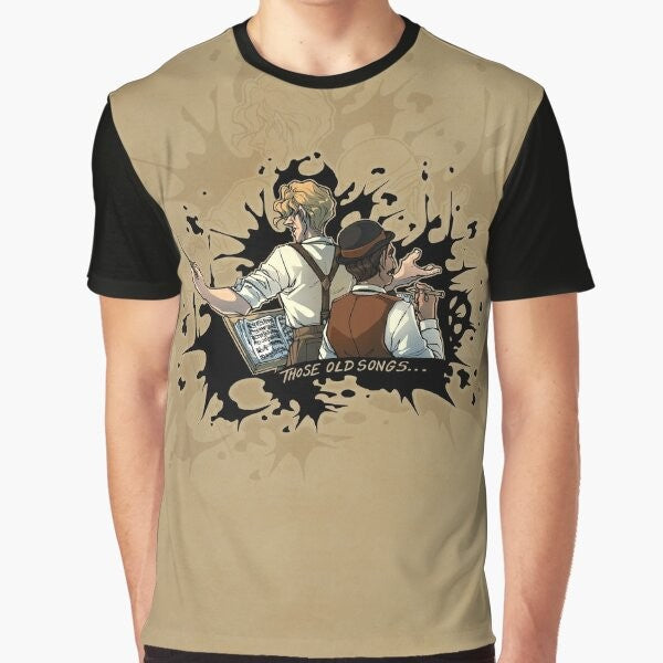 Vintage-style t-shirt with old songs graphic and ink splatter design