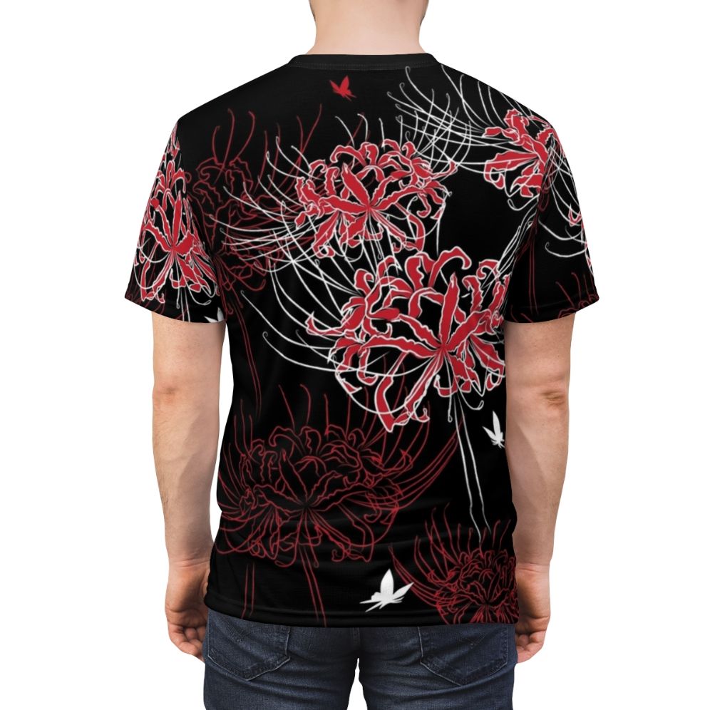 Stylish t-shirt featuring a vibrant spider lily and butterfly design in a Japanese-inspired pattern - men back