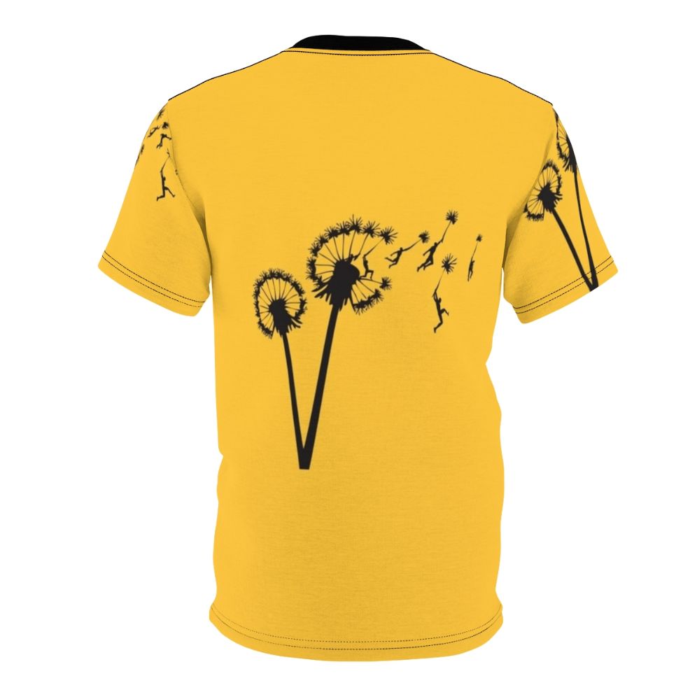 Whimsical illustration of dandelion seeds floating in the wind, with stylized human silhouettes - Back