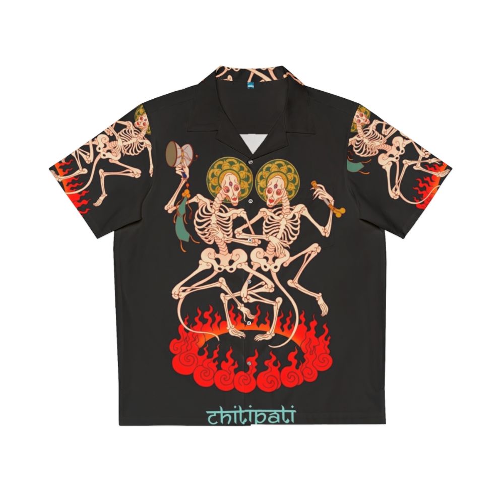 Chitipati Tibetan-Inspired Hawaiian Shirt with Skeleton Pattern and Fire Motif