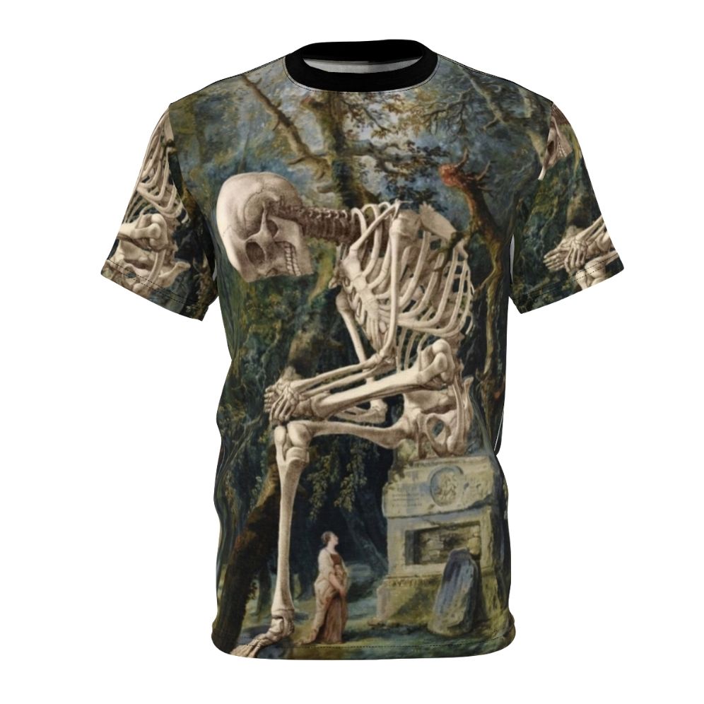 Surreal portrait t-shirt with pop surrealism and dark collage art design featuring a skull and skeleton