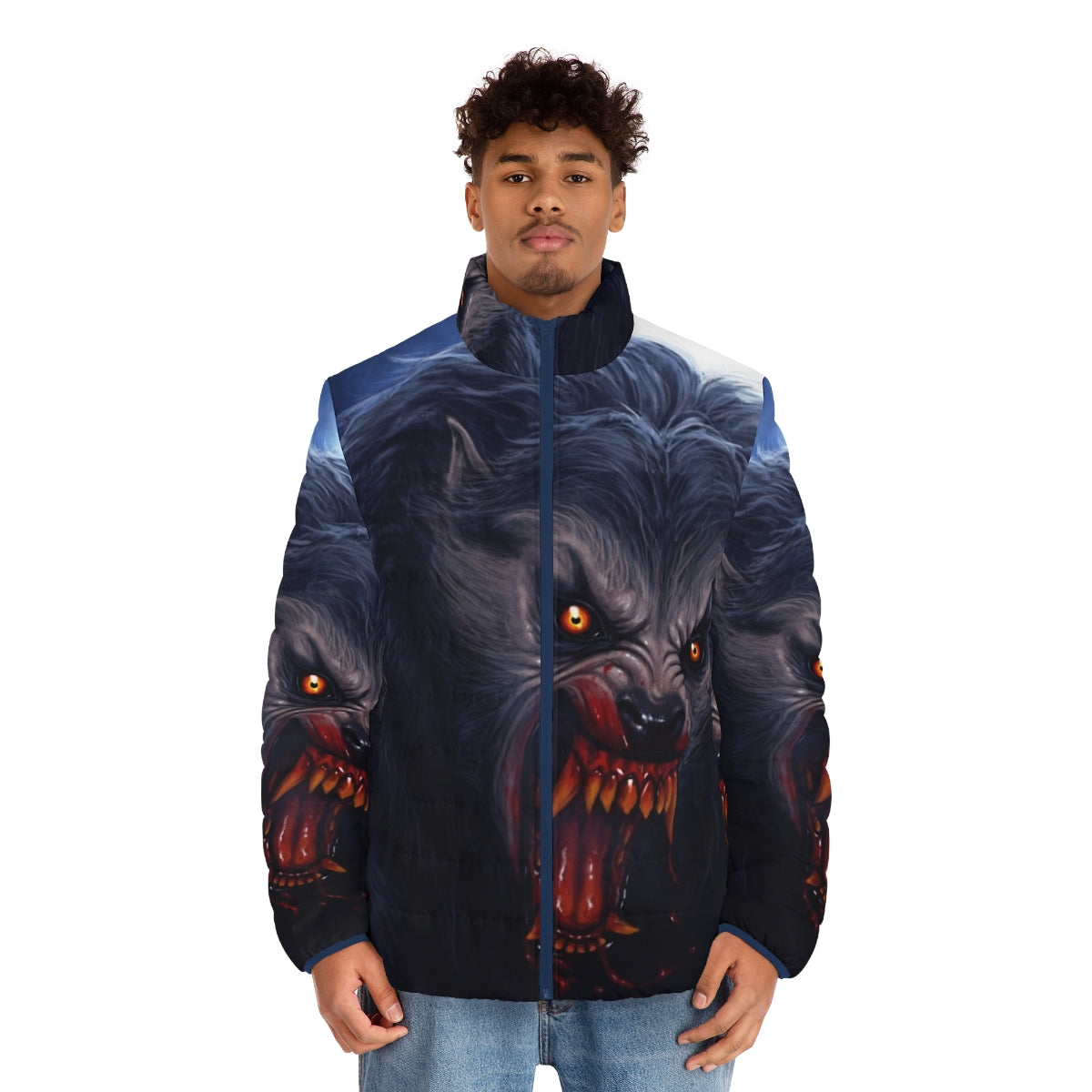 Beware the Moon Puffer Jacket featuring a classic werewolf design - men front