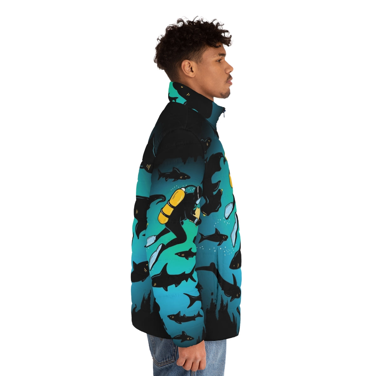 Puffer jacket with a screwed funny shark and diver illustration - men side right