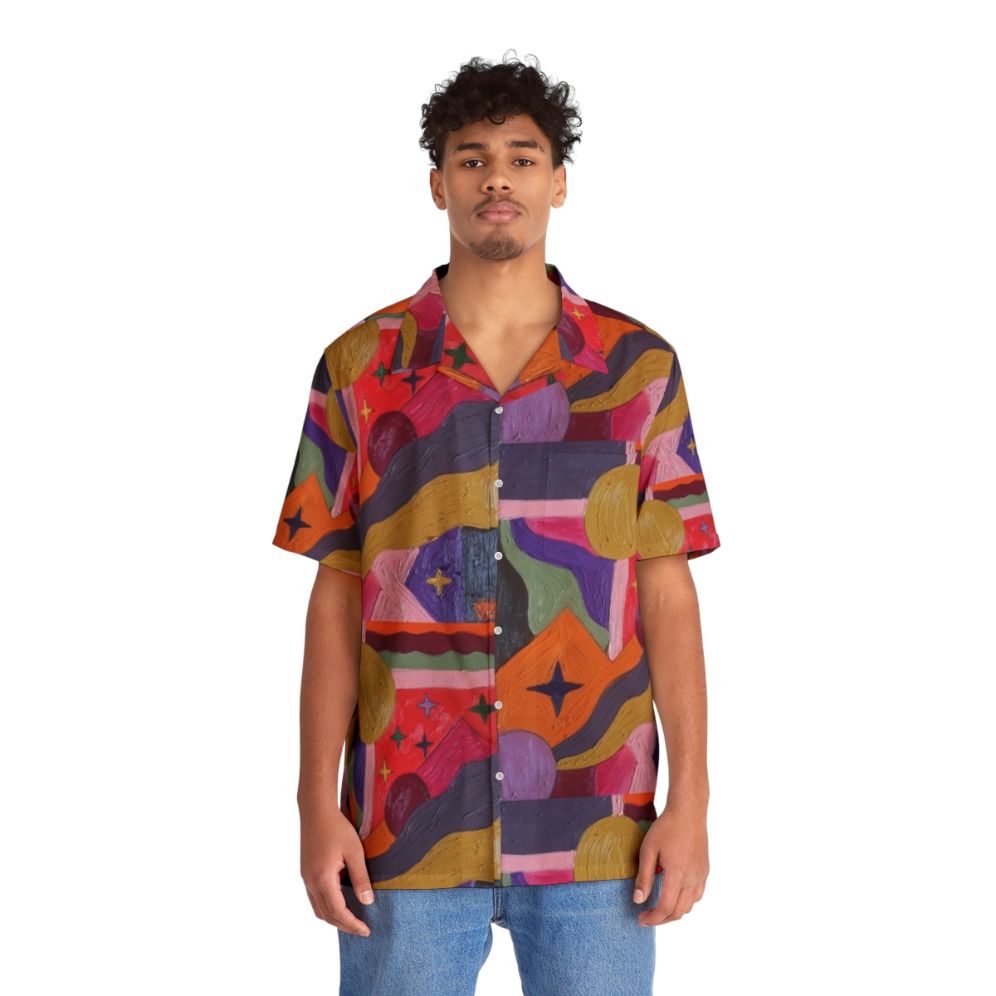 Vibrant abstract Hawaiian shirt with colorful geometric prints and sparkly accents - People Front