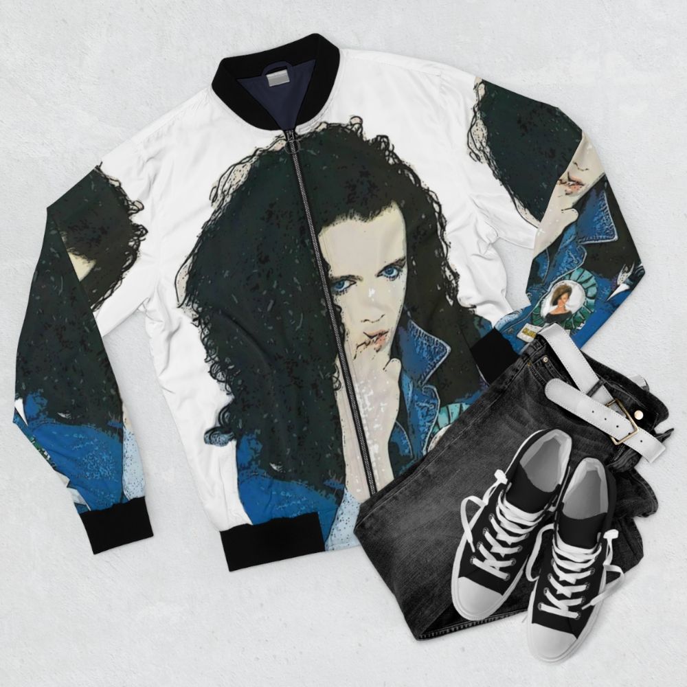 Shiny, metallic bomber jacket inspired by Pete Burns of the band Dead or Alive - Flat lay