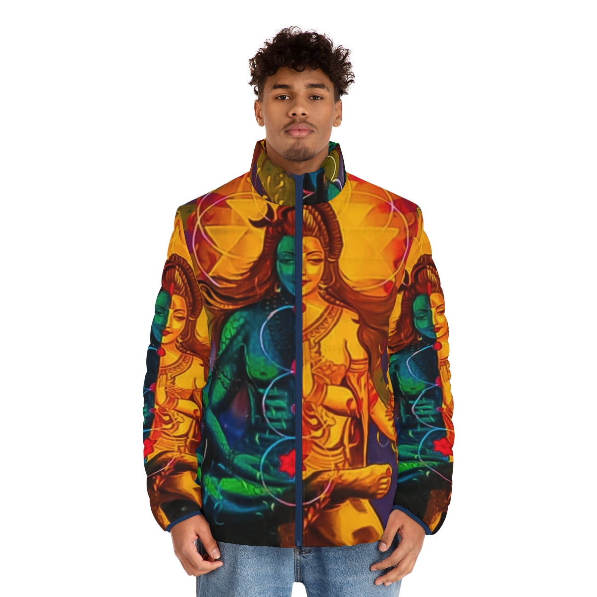 Shivshakti puffer jacket featuring Hindu deities Shiva and Parvati - men front