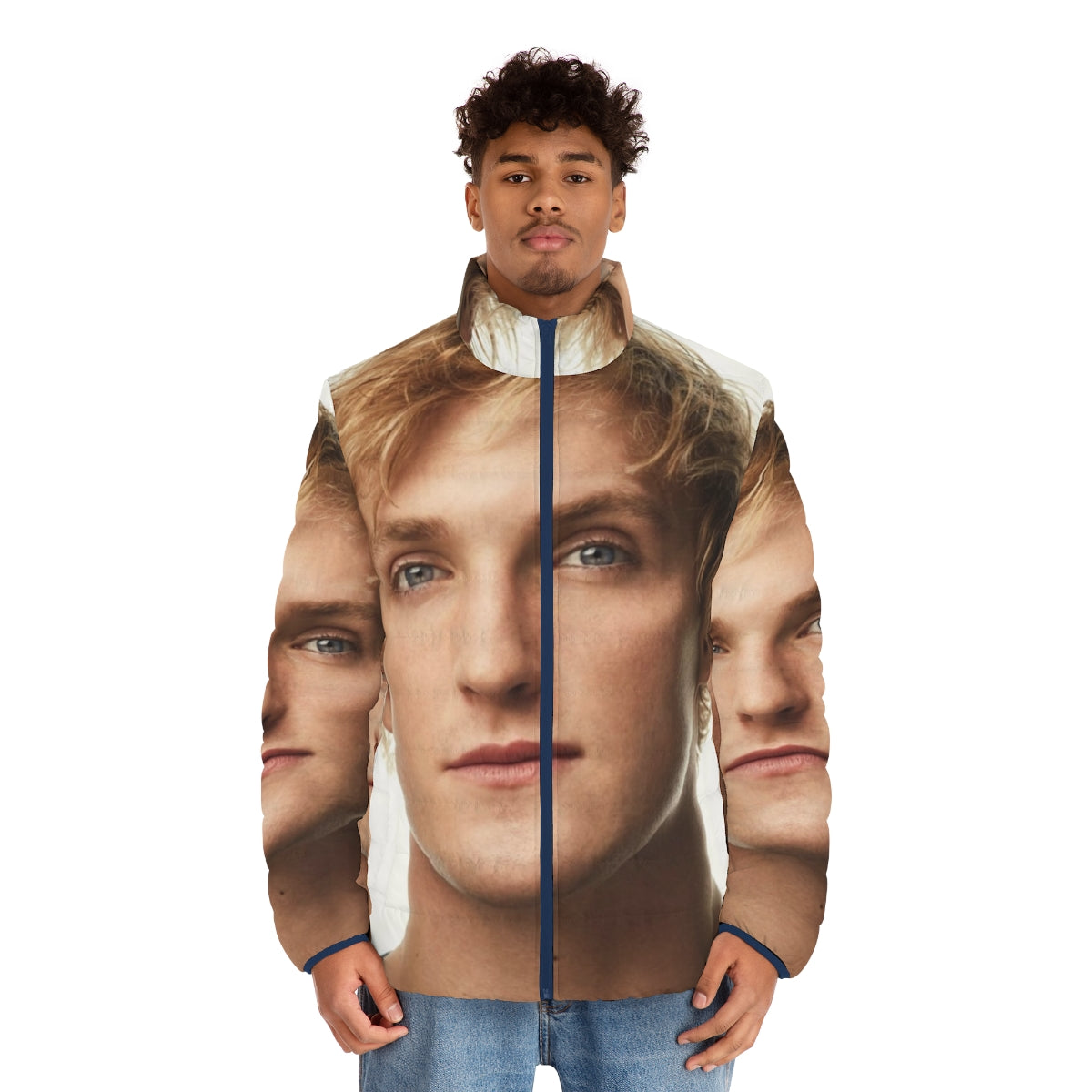 Logan Paul wearing his signature puffer jacket, focus keyword: logan paul puffer jacket - men front