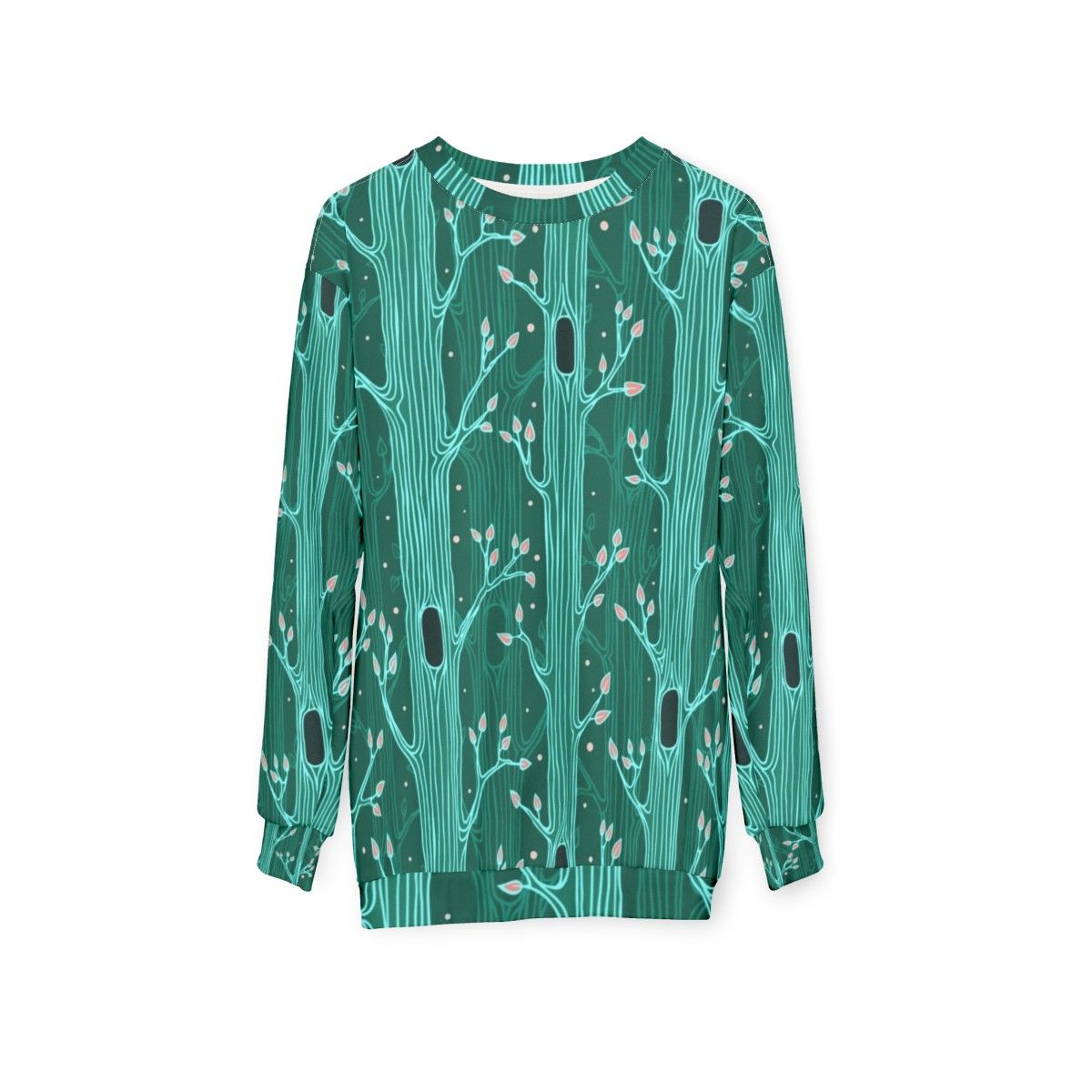 Emerald Forest Seamless Pattern Sweatshirt with Tree Silhouettes - hanging