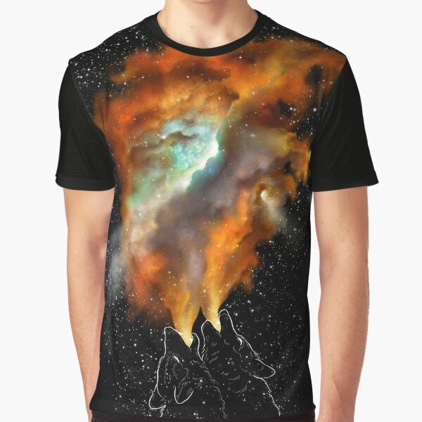 Graphic t-shirt featuring a design of wolves and stars in a cosmic, galaxy-inspired pattern.