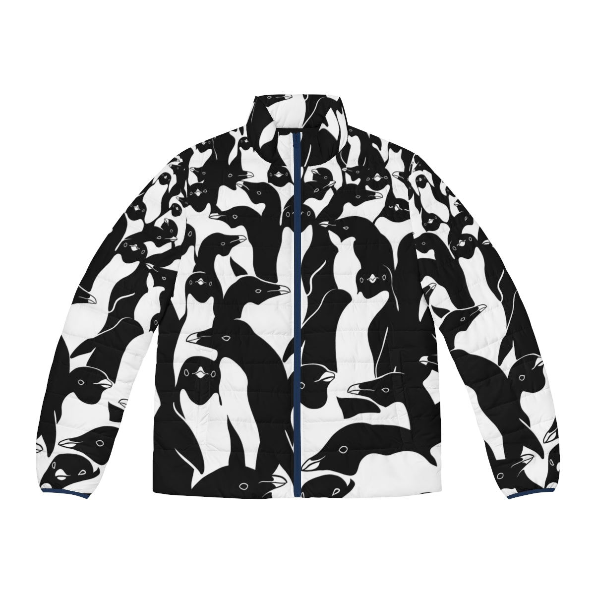 A puffer jacket featuring a crowd of penguins in a camo pattern, perfect for winter weather.