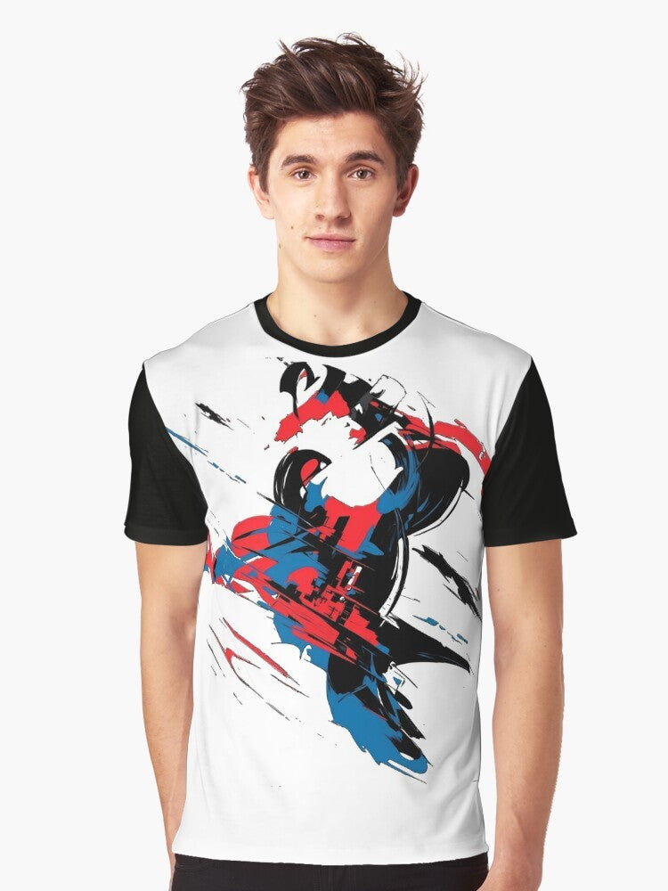 Stylish graphic t-shirt featuring Miguel O'Hara, the Spider-Man of the Spider-Verse 2099 universe. - Men