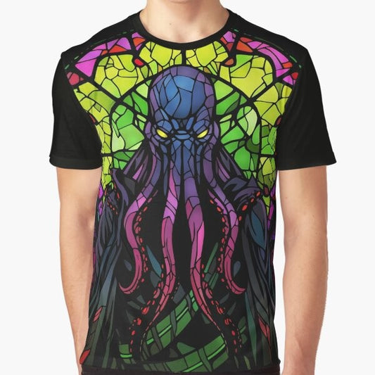 Mindflayer of Stained Glass Graphic T-Shirt featuring a Lovecraftian monster design for Dungeons & Dragons fans