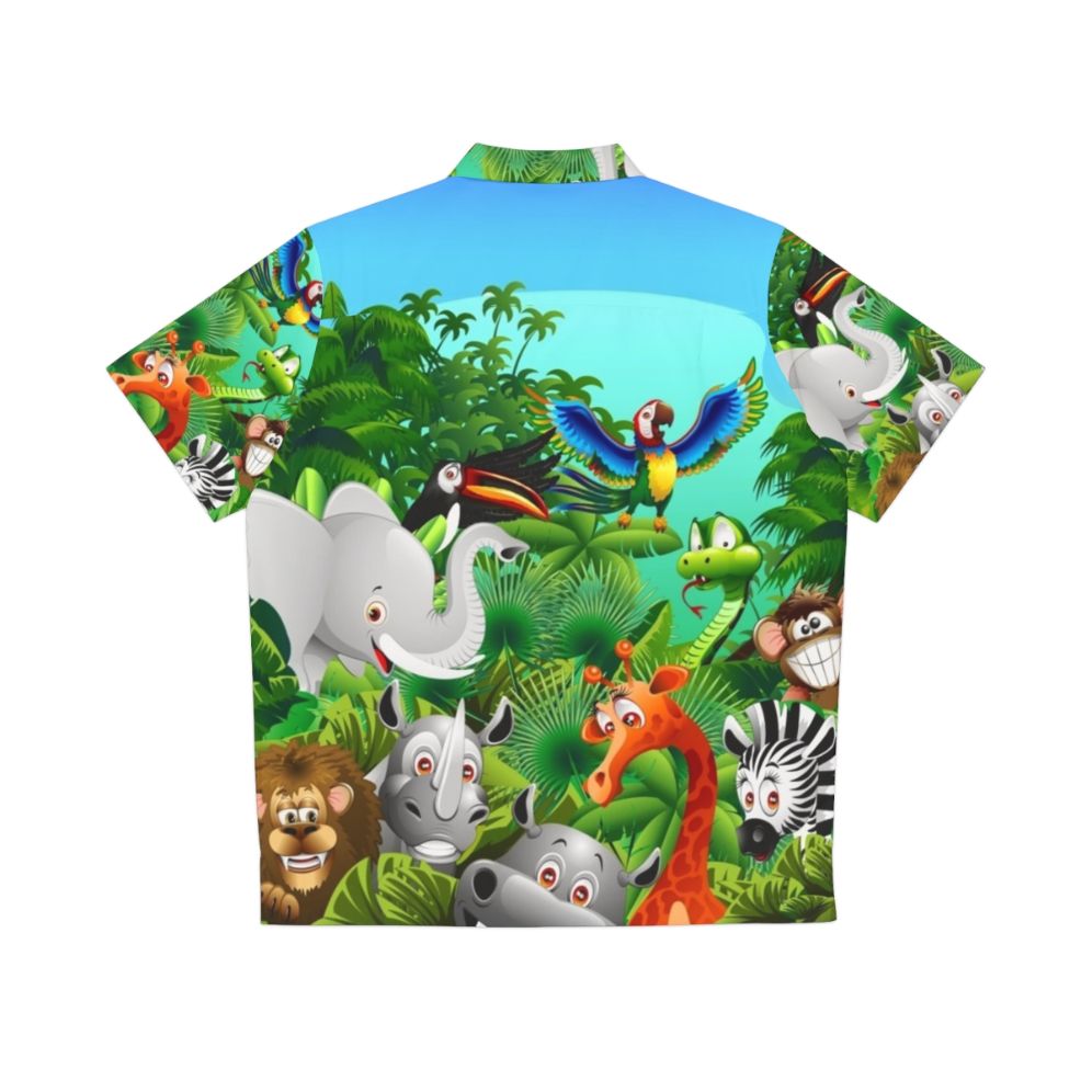 Vibrant Hawaiian shirt featuring a cartoon print of wild animals like elephants, lions, and monkeys in a lush jungle setting - Back