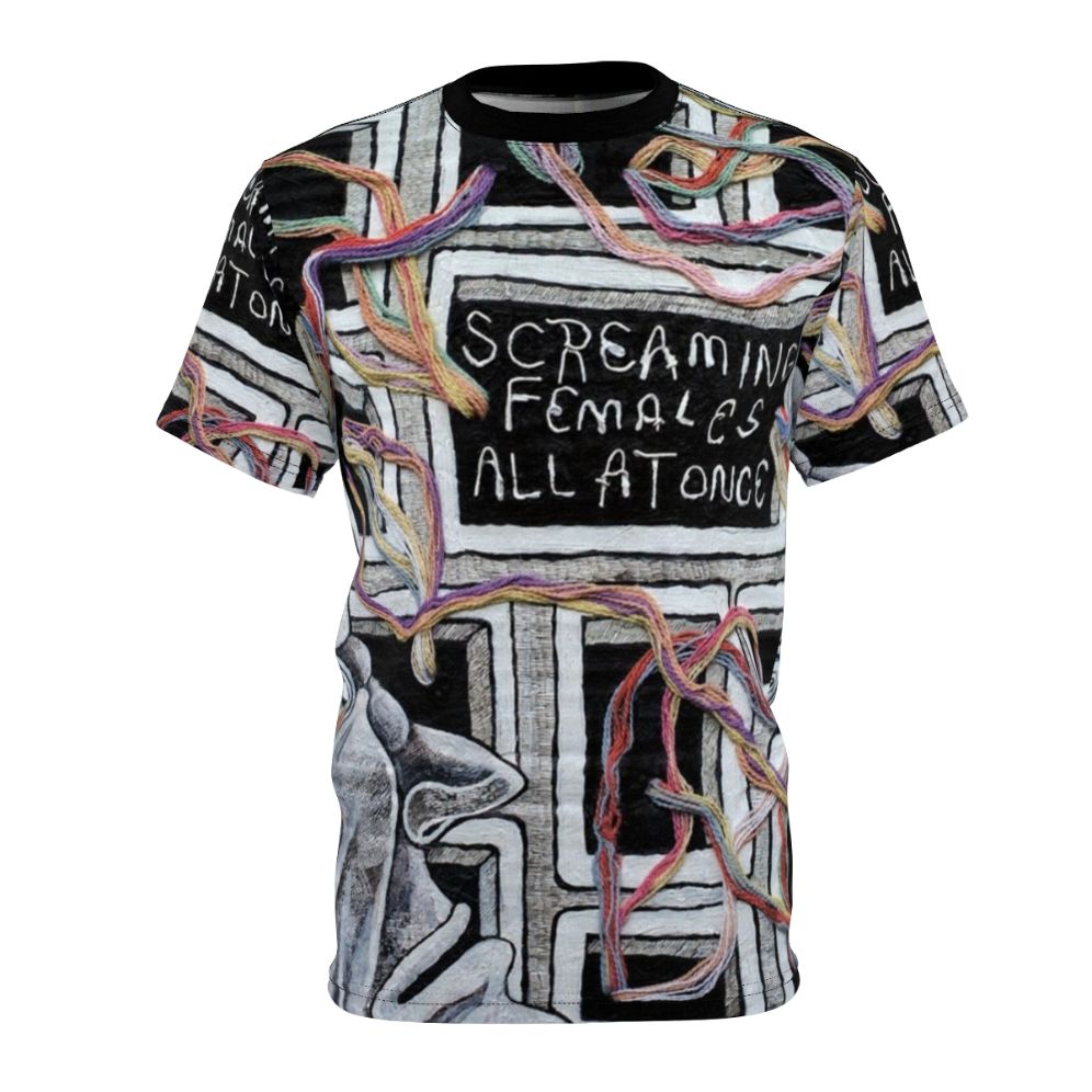 Stylish all-over-print t-shirt featuring the logo and artwork of the indie rock band Screaming Females