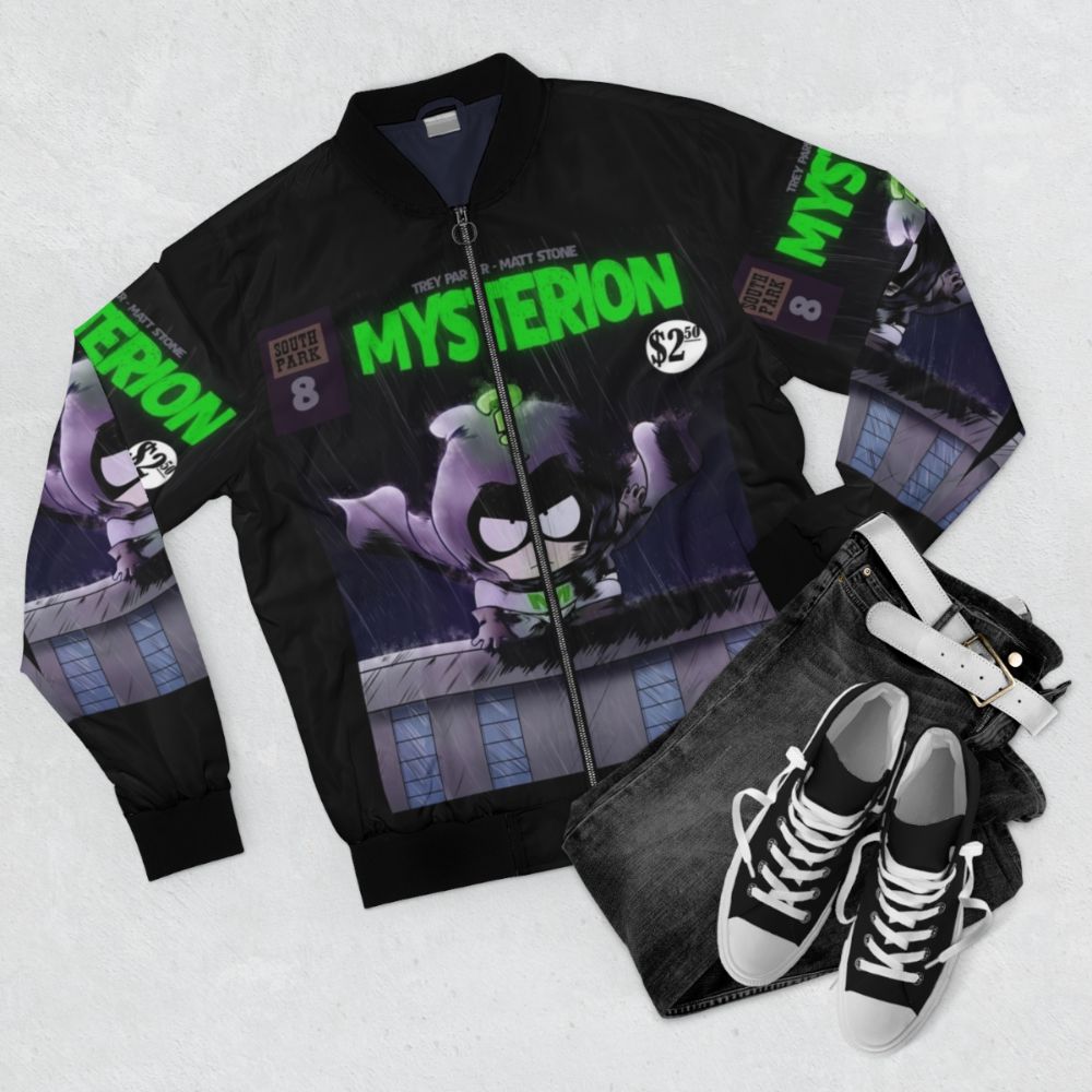 Mysterion bomber jacket with south park characters - Flat lay