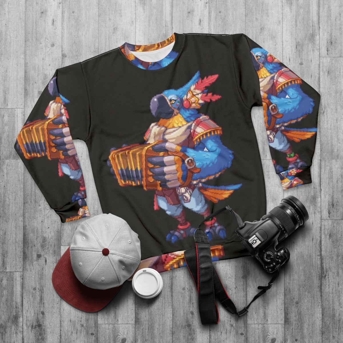 Pixel Kass Sweatshirt - Botw Inspired Pixel Art Blue Bird Design - flat lay