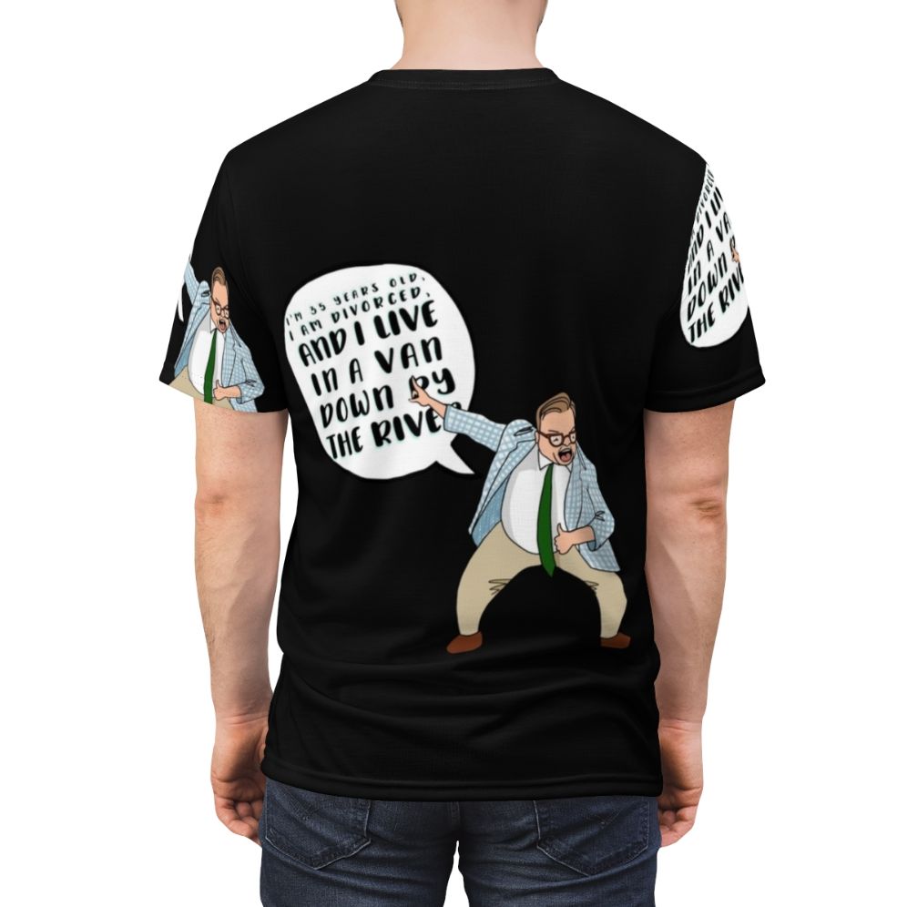 Illustration of Chris Farley as the iconic motivational speaker character Matt Foley on a t-shirt - men back