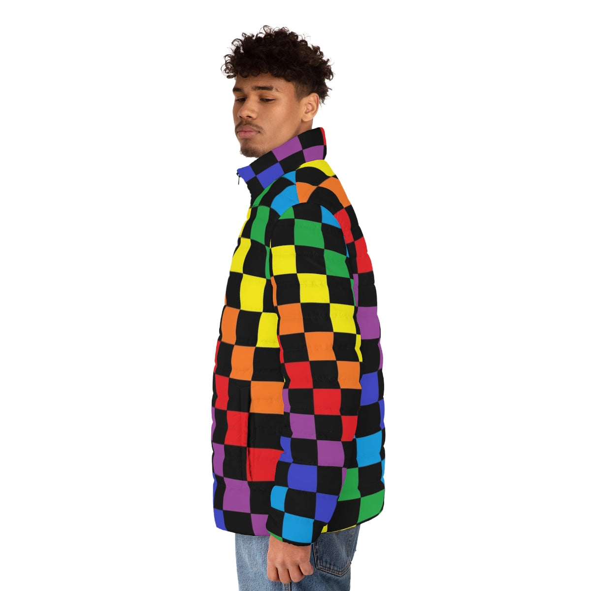 Colorful checkered puffer jacket with a rainbow pattern - men side left